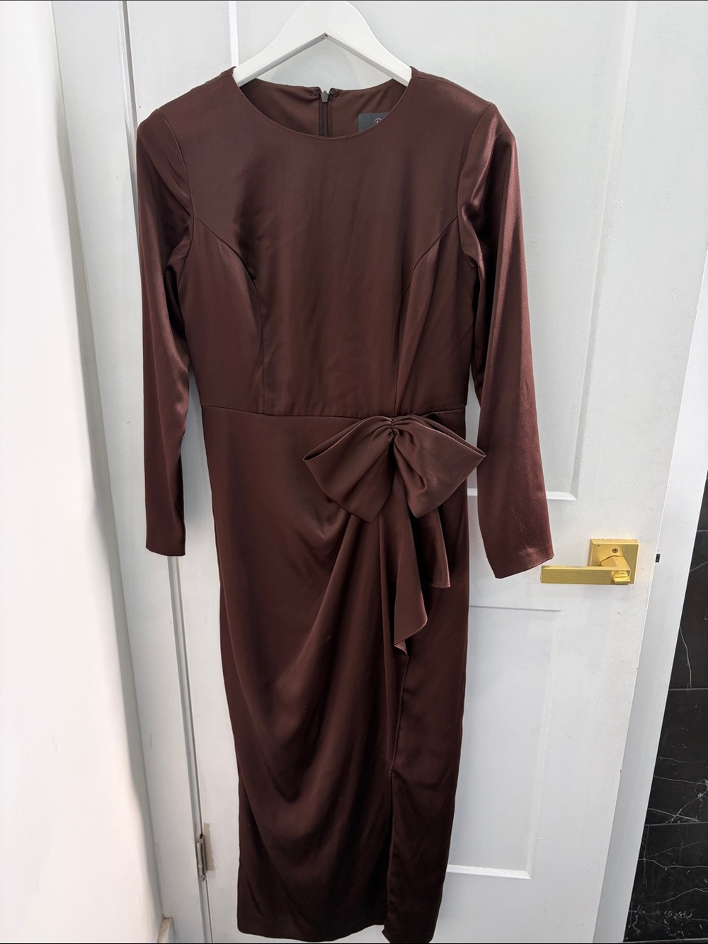 Adrianna Papell Chocolate Brown Long-Sleeve Bow-Waist Midi Dress
